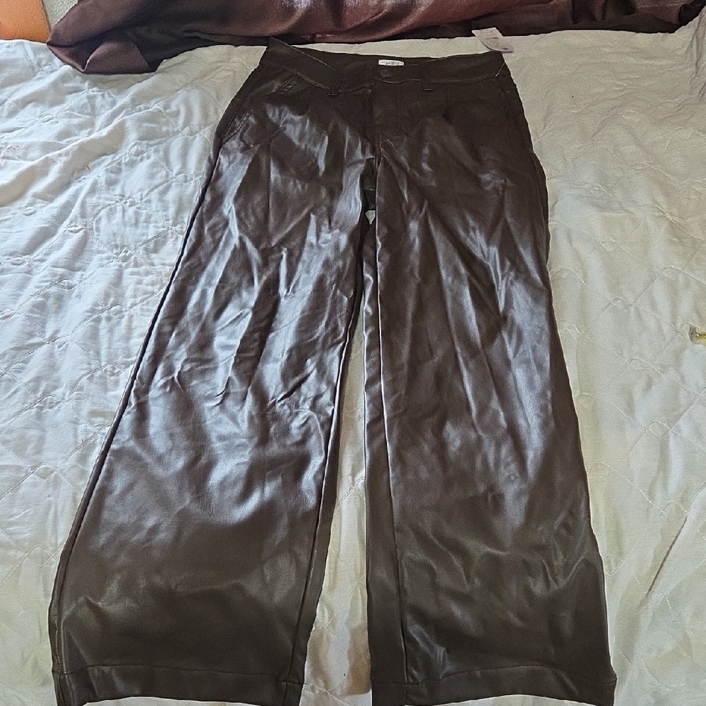 Time and Tru Dark Brown Faux Leather Wide-Leg Pants Sz 4
